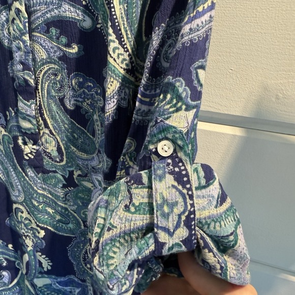 Nine West XL Top Navy/Yellow Paisley Round Neck 3/4 Sleeve Partial Button Front - Picture 8 of 16